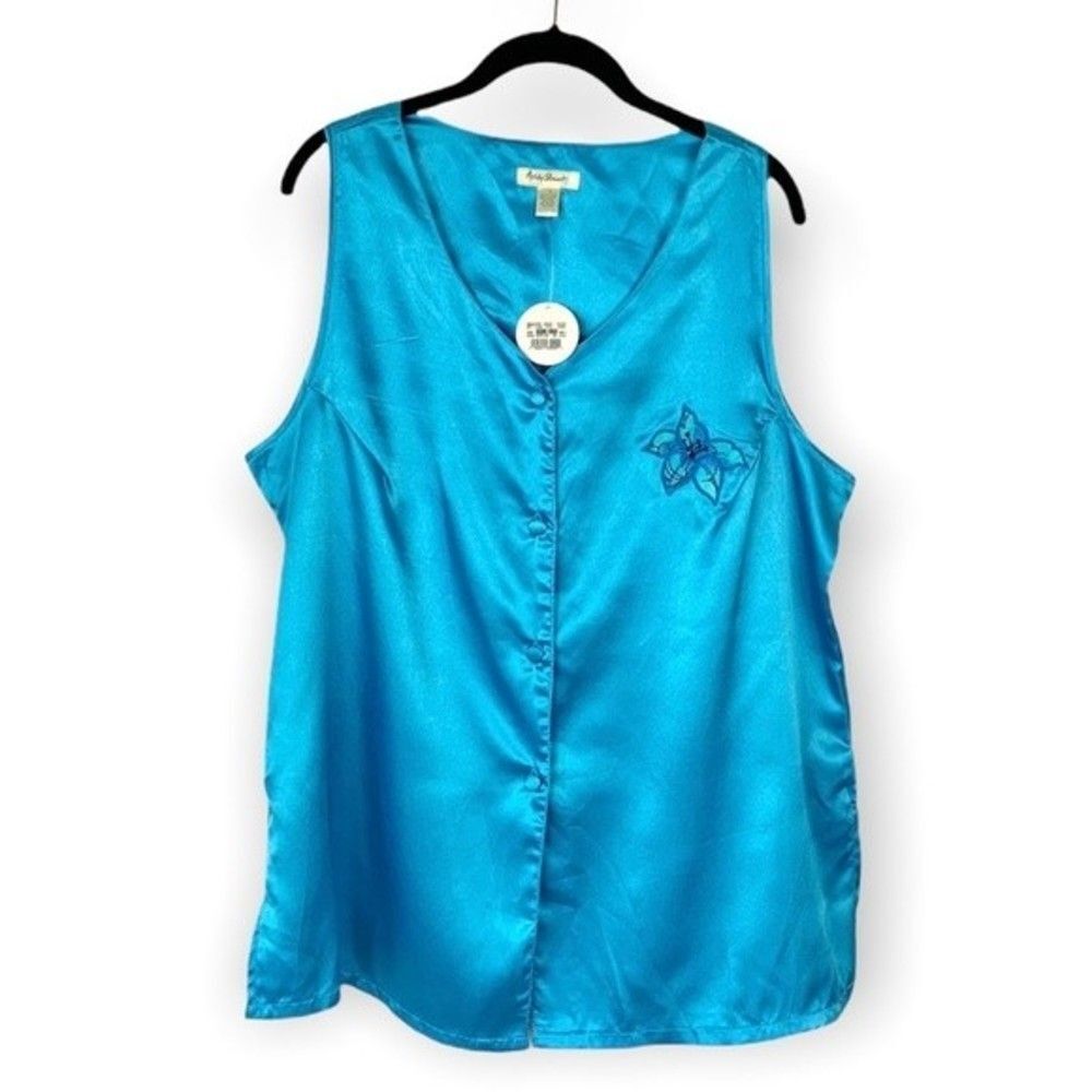 Ashley Stewart Turquoise Blue Floral Embroidered Satin Sleeveless Top 1X NWT